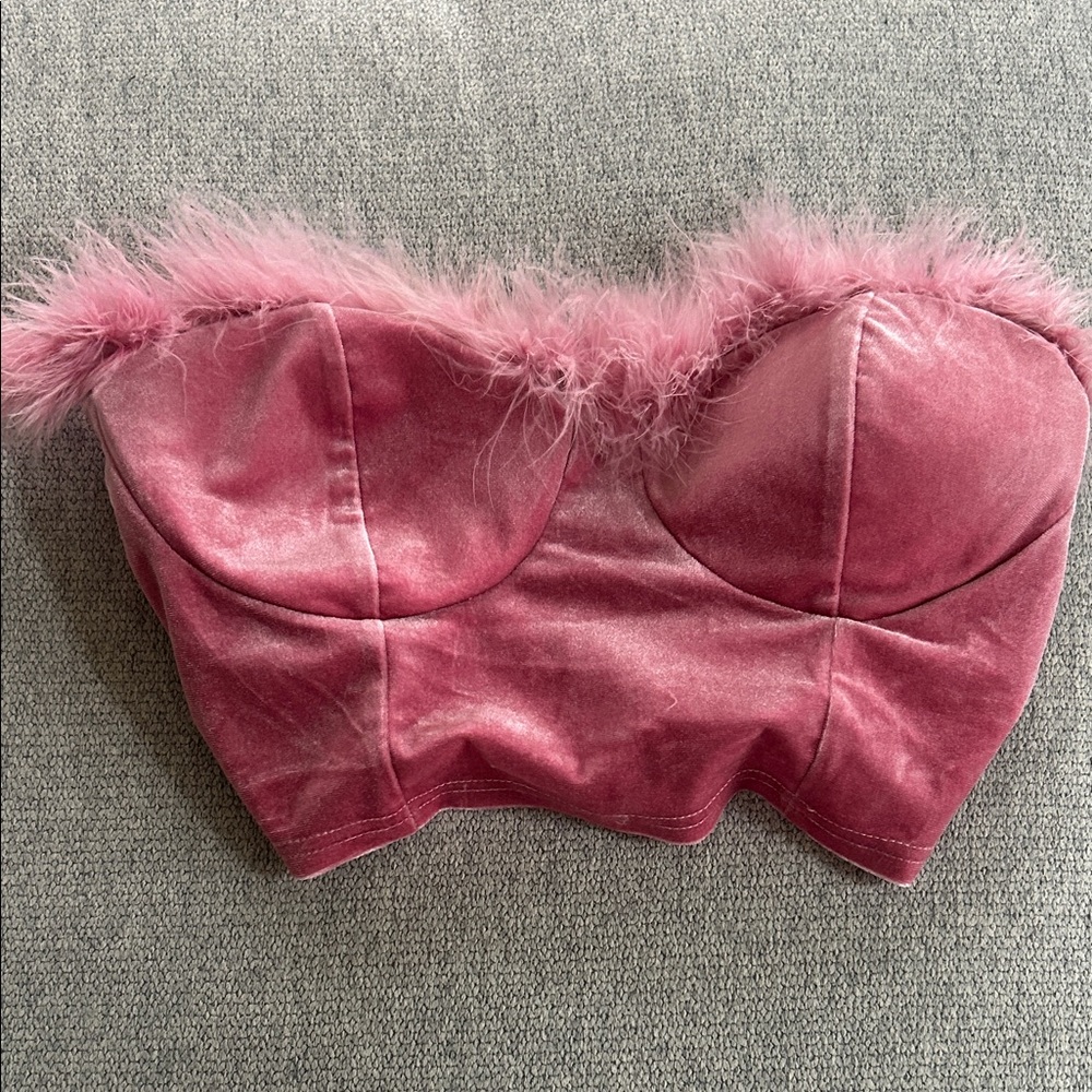 Pink Velvet Bustier Top with Feather Trim